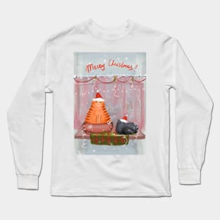 Merry Christmas greeting winter card with cute fluffy cats in red Santa hats and scarves Long Sleeve T-Shirt